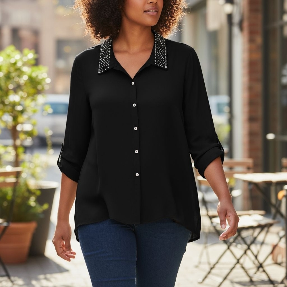 1X FREE KISSES Elegant Black Button Down 3/4 Sleeve with Studded Pointed Collar